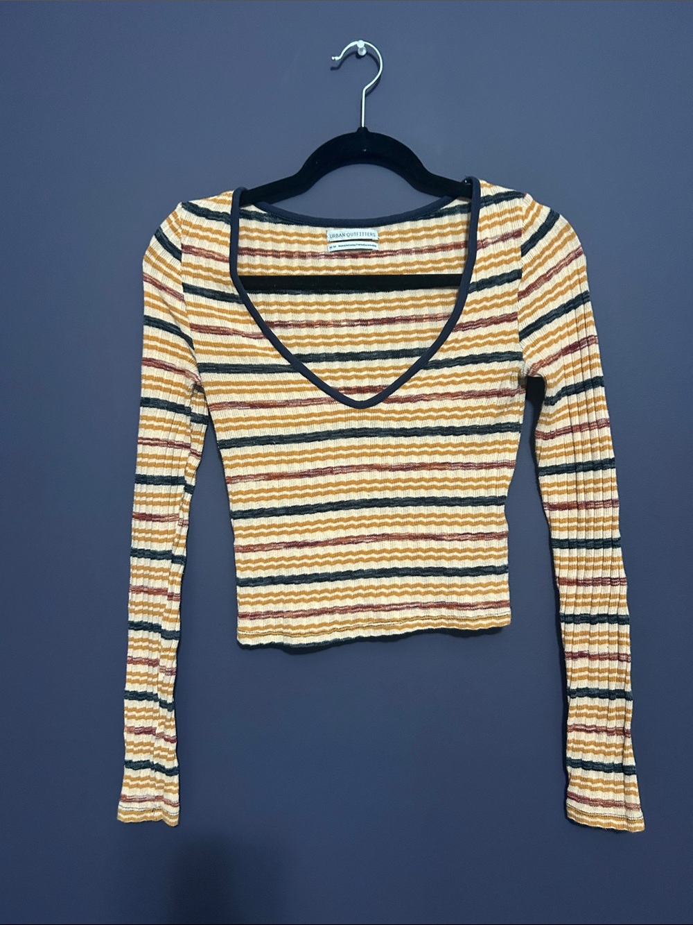 Urban Outfitters Yellow, Rust & Black Striped V-Neck Ribbed Long Sleeve Top